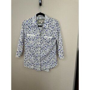 Decree Womens White Purple Blouse Large‎ floral long sleeve button up cotton